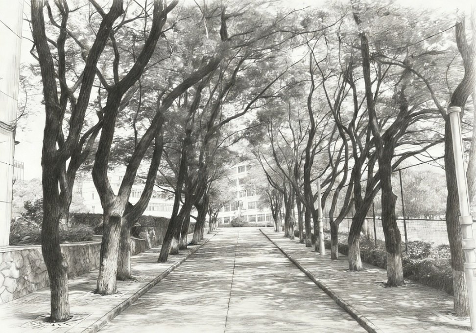 校园风景素描版-林荫小路。